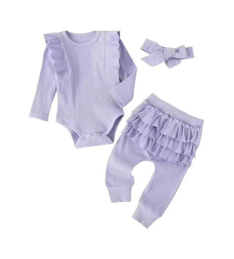 The Amy - Baby Girl Long Sleeve Ruffle Romper Bodysuits + Pants + Bow Headband