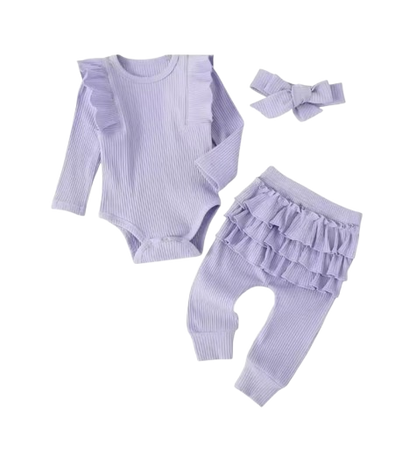 The Amy - Baby Girl Long Sleeve Ruffle Romper Bodysuits + Pants + Bow Headband