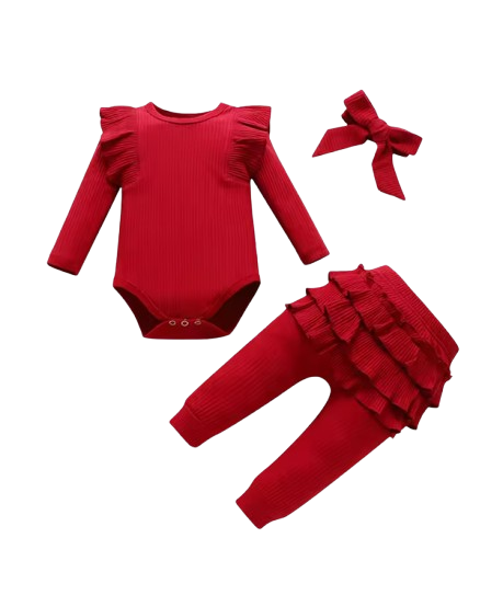 The Amy - Baby Girl Long Sleeve Ruffle Romper Bodysuits + Pants + Bow Headband