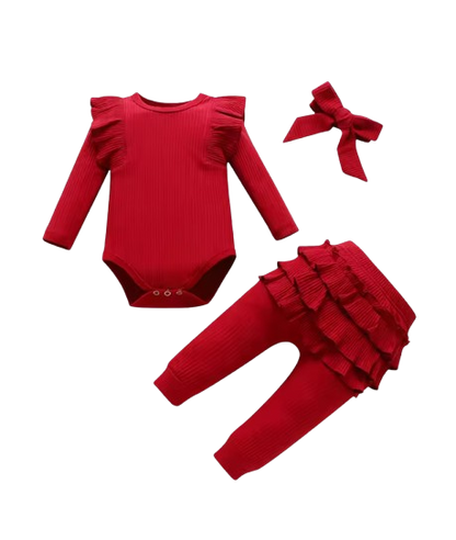 The Amy - Baby Girl Long Sleeve Ruffle Romper Bodysuits + Pants + Bow Headband
