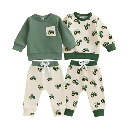 The Paul - Baby Boy Green Spring Outfit Tractor Long Sleeve Sweatshirt + Long Pants
