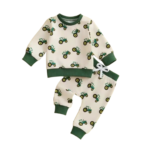 The Paul - Baby Boy Beige Spring Outfit Tractor Long Sleeve Sweatshirt + Long Pants