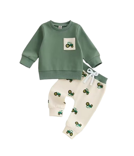 The Paul - Baby Boy Green Spring Outfit Tractor Long Sleeve Sweatshirt + Long Pants