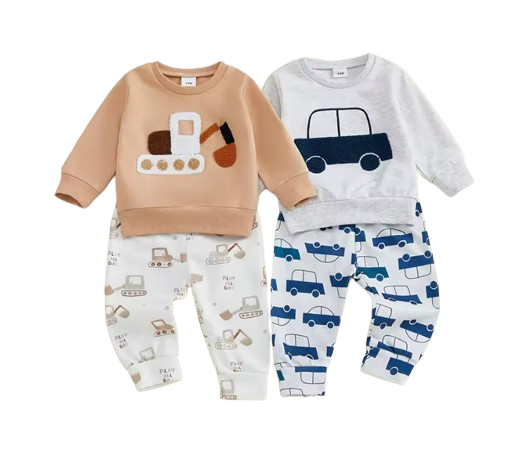 The Paxton - Baby Boy Grey Car Embroidery Long Sleeve Pullover Sweatshirt + Elastic Waist Pants