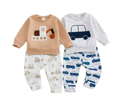 The Paxton - Baby Boy Beige Car Embroidery Long Sleeve Pullover Sweatshirt + Elastic Waist Pants