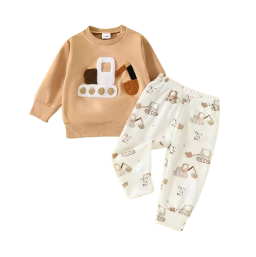 The Paxton - Baby Boy Beige Car Embroidery Long Sleeve Pullover Sweatshirt + Elastic Waist Pants