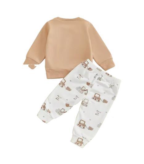 The Paxton - Baby Boy Beige Car Embroidery Long Sleeve Pullover Sweatshirt + Elastic Waist Pants