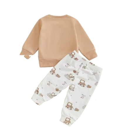 The Paxton - Baby Boy Beige Car Embroidery Long Sleeve Pullover Sweatshirt + Elastic Waist Pants