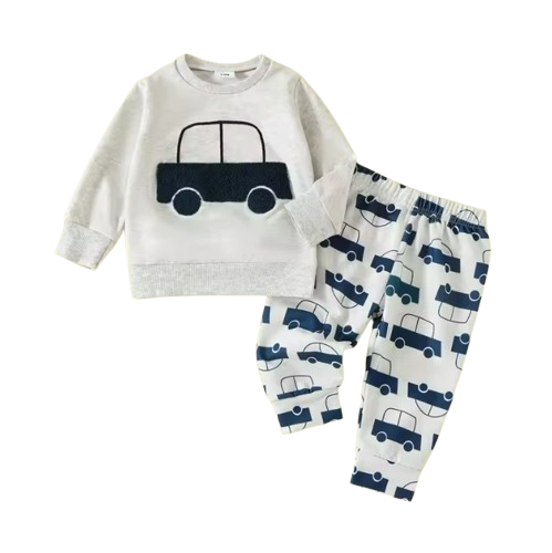 The Paxton - Baby Boy Grey Car Embroidery Long Sleeve Pullover Sweatshirt + Elastic Waist Pants