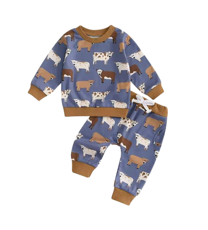 The Cody - Baby Boy Cow Print  Long Sleeve Sweatshirt + Long Pants