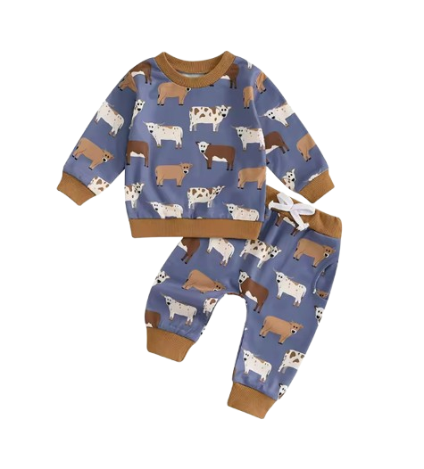 The Cody - Baby Boy Cow Print  Long Sleeve Sweatshirt + Long Pants