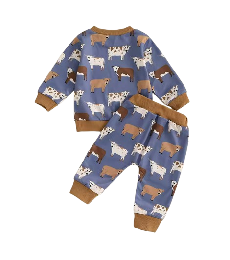 The Cody - Baby Boy Cow Print  Long Sleeve Sweatshirt + Long Pants