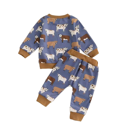 The Cody - Baby Boy Cow Print  Long Sleeve Sweatshirt + Long Pants