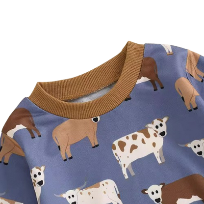 The Cody - Baby Boy Cow Print  Long Sleeve Sweatshirt + Long Pants