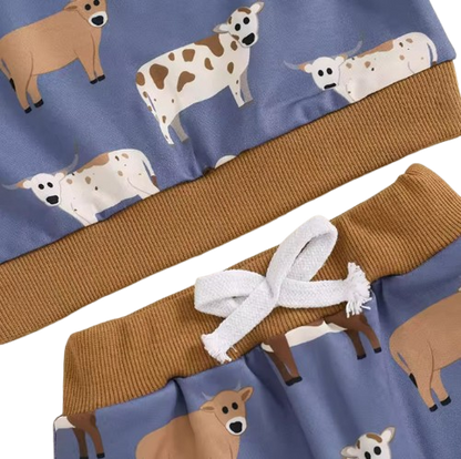 The Cody - Baby Boy Cow Print  Long Sleeve Sweatshirt + Long Pants