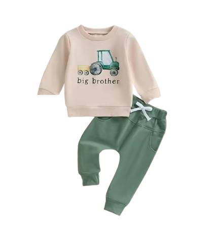 The Josue - Baby Boy Big Brother Long Sleeve O Neck Letter Tractor Print Tops Solid Color + Pants Sets