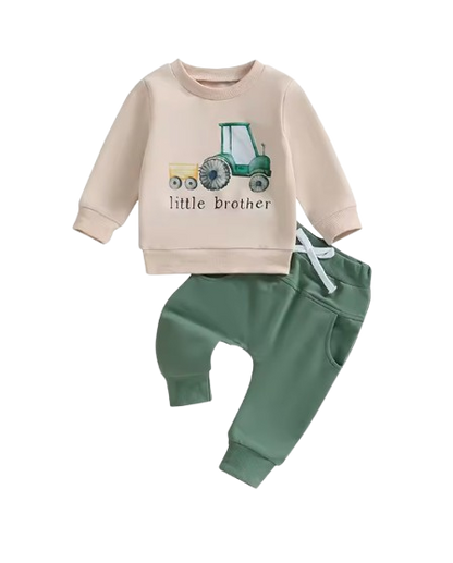 The Josue - Baby Boy Little Brother Long Sleeve O Neck Letter Tractor Print Tops Solid Color + Pants Sets