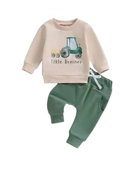 The Josue - Baby Boy Little Brother Long Sleeve O Neck Letter Tractor Print Tops Solid Color + Pants Sets