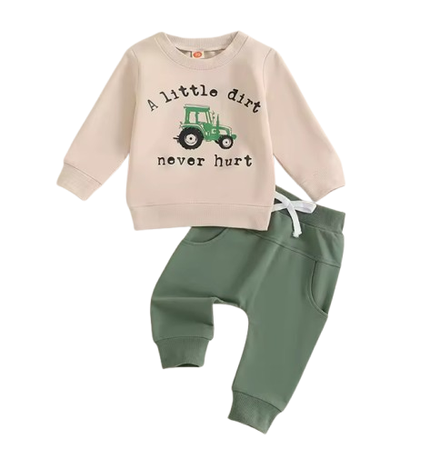 The Ares - Baby Boy "A Little Dirt Never Hurt" Print  Long Sleeve Round Neck Tops + Drawstring Pocket Long Pants