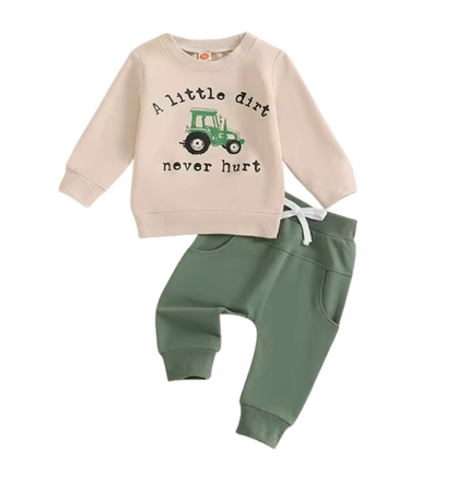 The Ares - Baby Boy "A Little Dirt Never Hurt" Print  Long Sleeve Round Neck Tops + Drawstring Pocket Long Pants