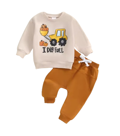 The Hendrix - Baby Boy "I Dig Fall" Print Halloween Outfit Trucker Pumpkin Print Long Sleeve Sweatshirt and Elastic Pants