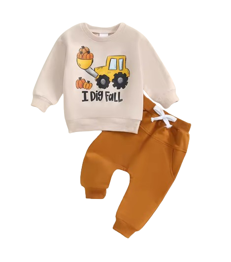 The Hendrix - Baby Boy "I Dig Fall" Print Halloween Outfit Trucker Pumpkin Print Long Sleeve Sweatshirt and Elastic Pants