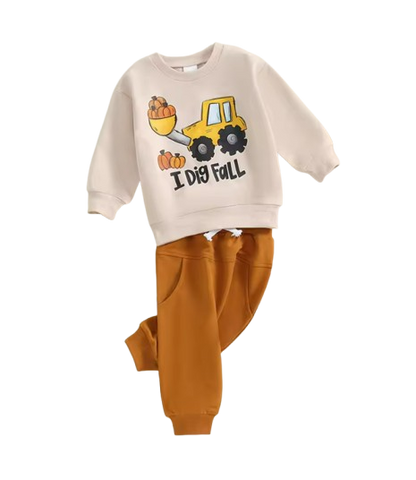 The Hendrix - Baby Boy "I Dig Fall" Print Halloween Outfit Trucker Pumpkin Print Long Sleeve Sweatshirt and Elastic Pants