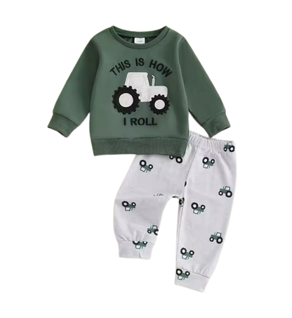 The Bryce - Baby Boy "This Is How I Roll"  Tractor Print Long Sleeve Sweatshirt + Elastic Waist Pants
