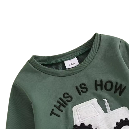 The Bryce - Baby Boy "This Is How I Roll"  Tractor Print Long Sleeve Sweatshirt + Elastic Waist Pants