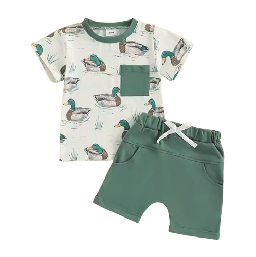 The Maximiliano - Baby Boy Duck Print Short Sleeve T-shirts + Elastic Waist Shorts