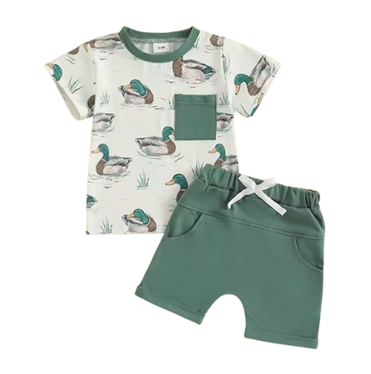 The Maximiliano - Baby Boy Duck Print Short Sleeve T-shirts + Elastic Waist Shorts