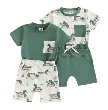 The Maximiliano - Baby Boy Duck Print Short Sleeve T-shirts + Elastic Waist Shorts