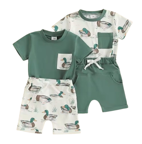The Maximiliano - Baby Boy Duck Print Short Sleeve T-shirts + Elastic Waist Shorts