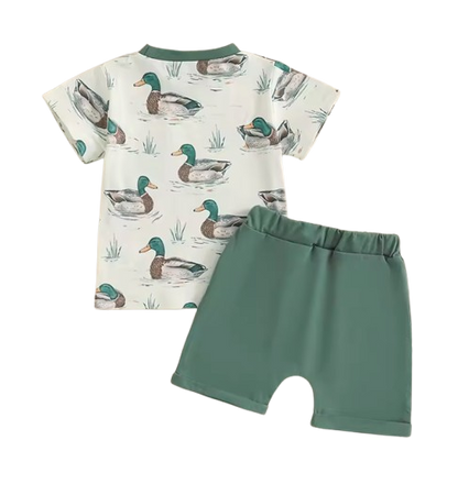 The Maximiliano - Baby Boy Duck Print Short Sleeve T-shirts + Elastic Waist Shorts