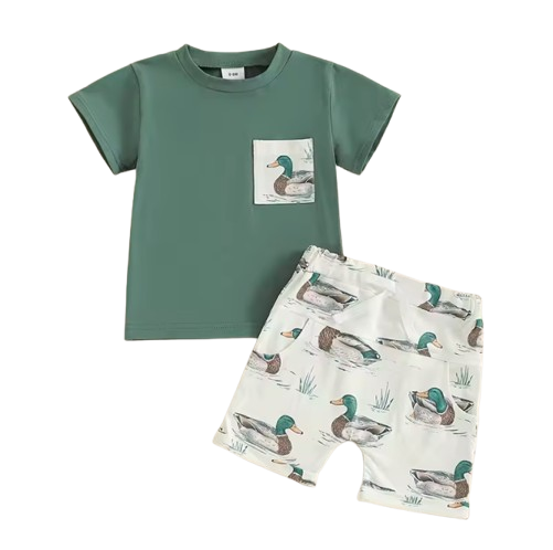 The Maximiliano - Baby Boy Duck Print Short Sleeve T-shirts + Elastic Waist Shorts
