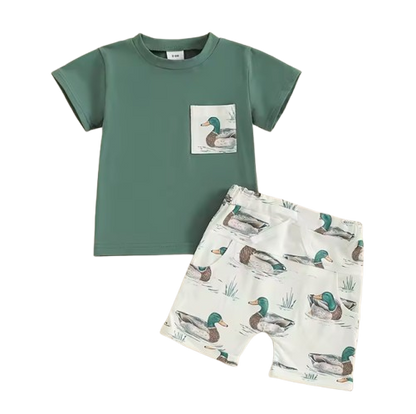 The Maximiliano - Baby Boy Duck Print Short Sleeve T-shirts + Elastic Waist Shorts