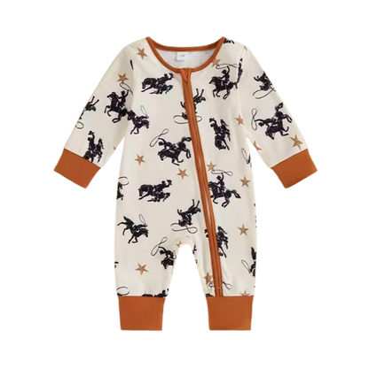 The Zyaire - Baby Unisex Zipper Romper Casual Western Cowboy Print Long Sleeve Jumpsuit