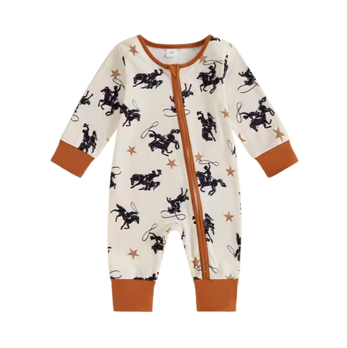 The Zyaire - Baby Unisex Zipper Romper Casual Western Cowboy Print Long Sleeve Jumpsuit
