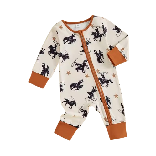 The Zyaire - Baby Unisex Zipper Romper Casual Western Cowboy Print Long Sleeve Jumpsuit