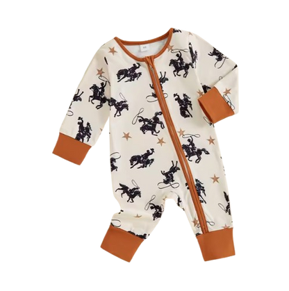 The Zyaire - Baby Unisex Zipper Romper Casual Western Cowboy Print Long Sleeve Jumpsuit