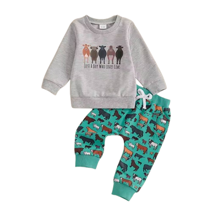 The Reid - Baby Boy Fall Farm Long Sleeve Round Neck Sweatshirt with Animal Print Pants