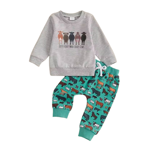 The Reid - Baby Boy Fall Farm Long Sleeve Round Neck Sweatshirt with Animal Print Pants