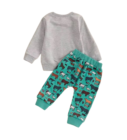 The Reid - Baby Boy Fall Farm Long Sleeve Round Neck Sweatshirt with Animal Print Pants