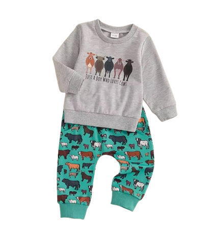 The Reid - Baby Boy Fall Farm Long Sleeve Round Neck Sweatshirt with Animal Print Pants