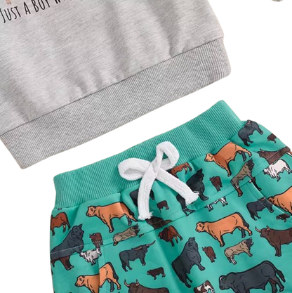 The Reid - Baby Boy Fall Farm Long Sleeve Round Neck Sweatshirt with Animal Print Pants