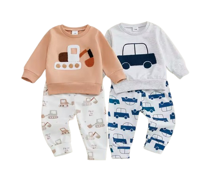 The Bodhi - Baby Boy White Car Embroidery Long Sleeve Pullover Sweatshirt + Elastic Waist Pants