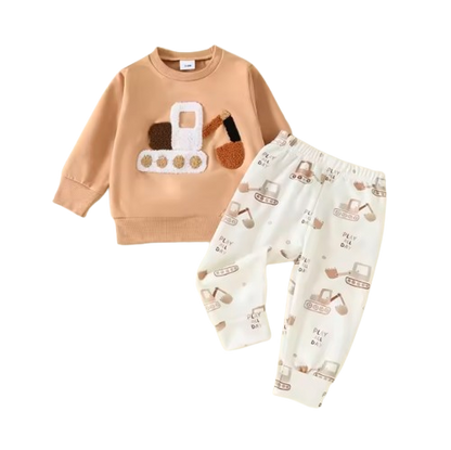 The Bodhi - Baby Boy White Car Embroidery Long Sleeve Pullover Sweatshirt + Elastic Waist Pants
