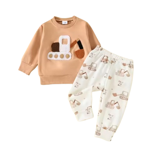 The Bodhi - Baby Boy White Car Embroidery Long Sleeve Pullover Sweatshirt + Elastic Waist Pants