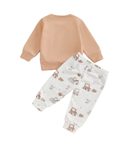 The Bodhi - Baby Boy White Car Embroidery Long Sleeve Pullover Sweatshirt + Elastic Waist Pants