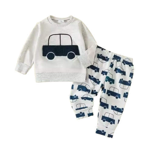 The Bodhi - Baby Boy Grey Car Embroidery Long Sleeve Pullover Sweatshirt + Elastic Waist Pants